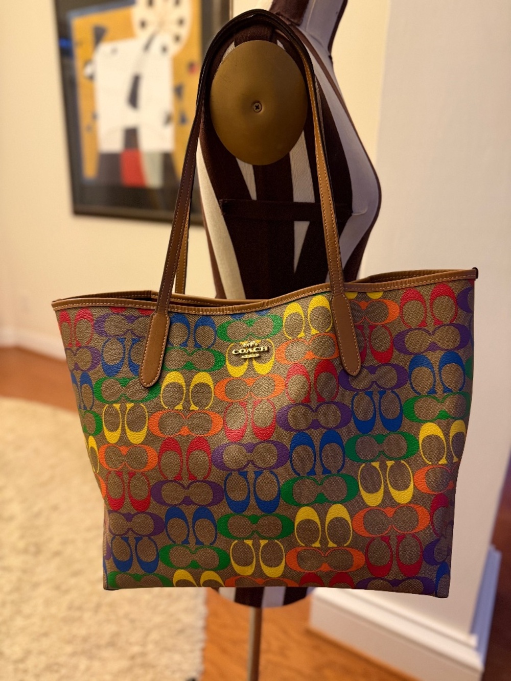 Coach Rainbow Signature Light Saddle Coated Canvas City Tote Bag